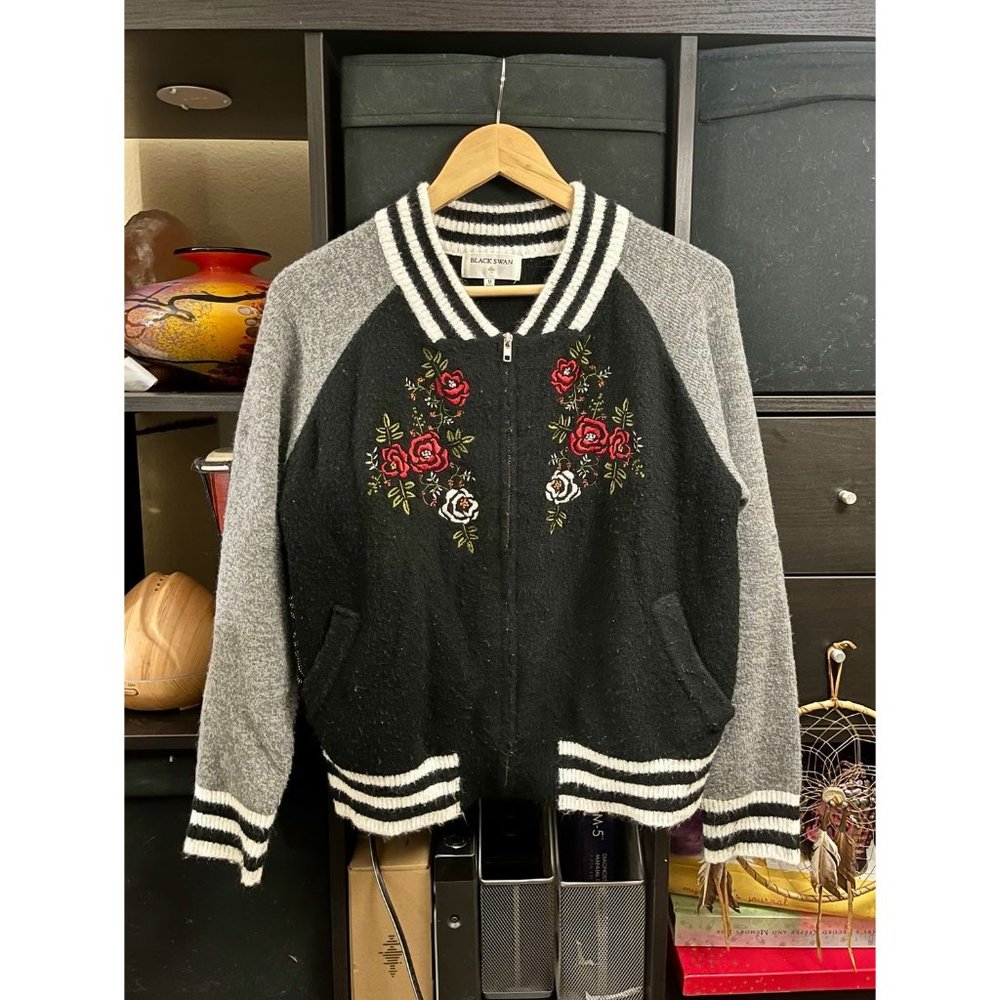 Women’s Embroidered Rose Windbreaker Varsity Jacket by Black Swan - Medium
